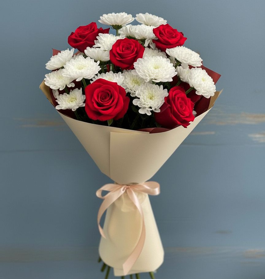 Букет цветов из: Розы и Хризантемы в Снегирях