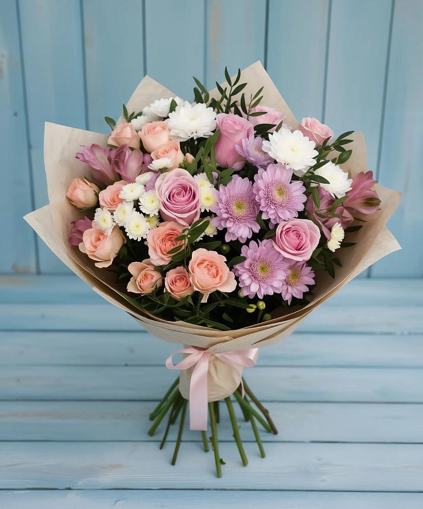 Букет цветов из: Хризантемы, Розы и Альстромерии в Снегирях