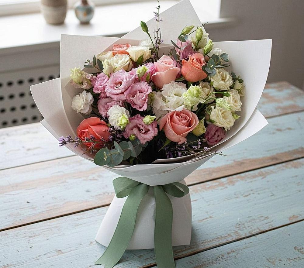 Букет цветов из: Розы, Лизиантусы и Гвоздики в Снегирях