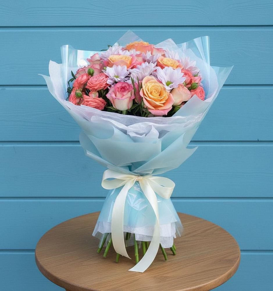 Букет цветов из: Хризантемы и Розы в Снегирях