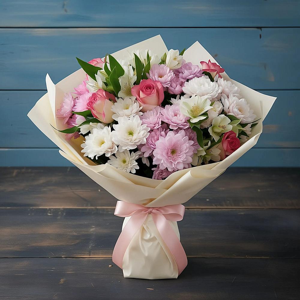 Букет цветов из: Хризантемы, Альстромерии и Розы в Снегирях